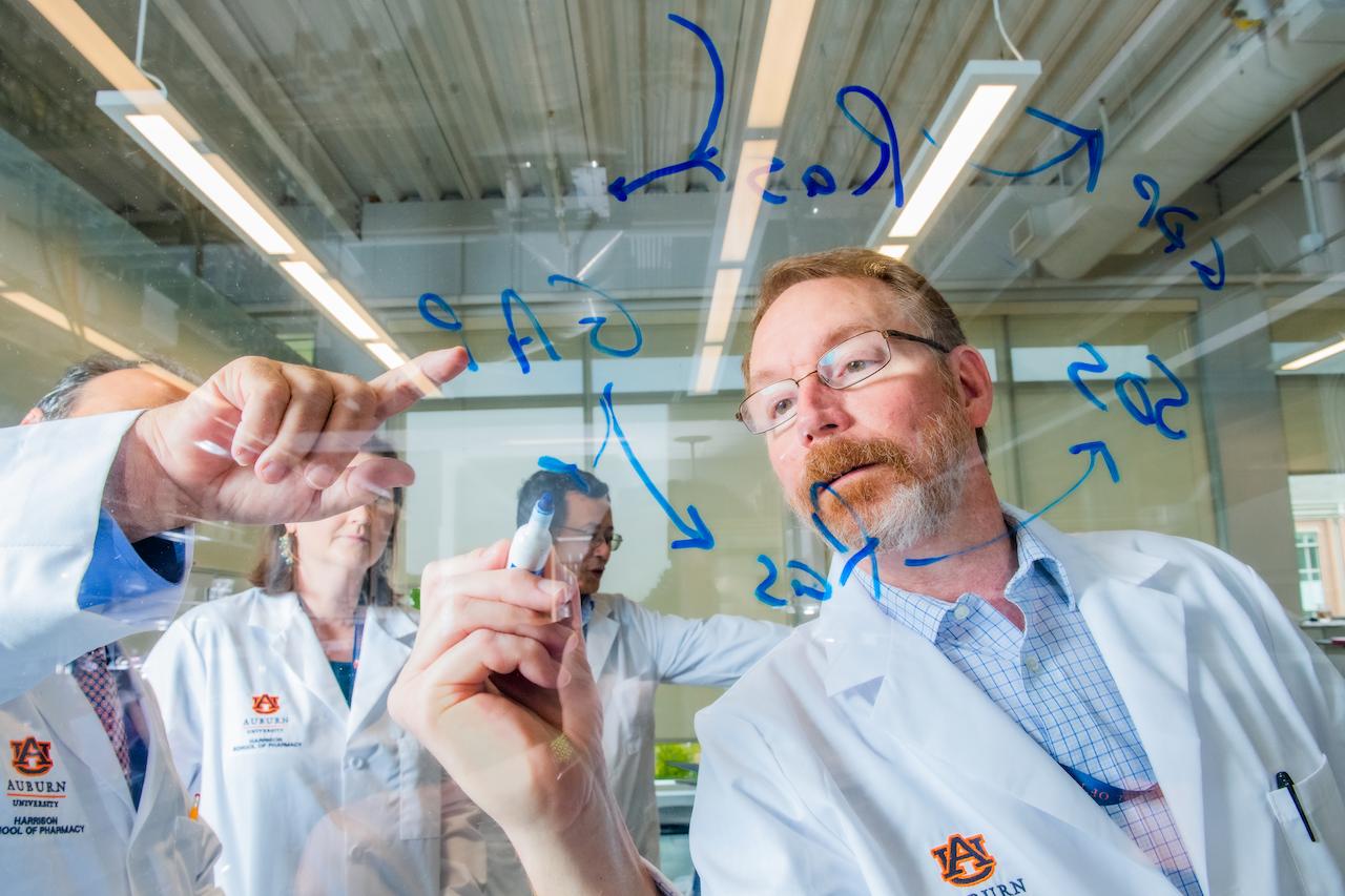 Researchers work on a glass board